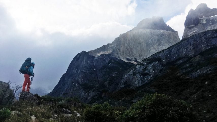 Leslie hiking below Los Cuernos in Torres del Paine National Park