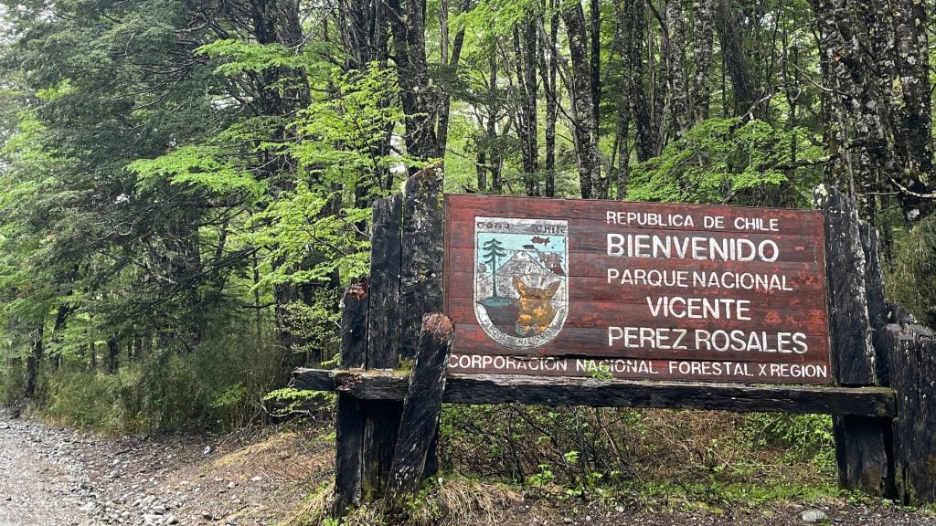Entrance sign to Vicente Pérez Rosales National Park in Chile
