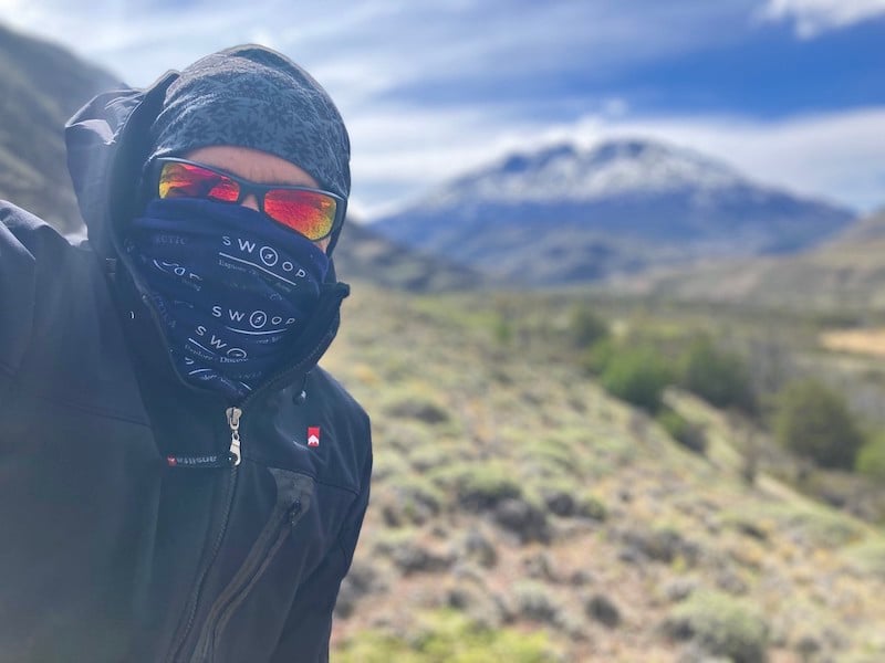 Swoop's David Hilton covering up against the Patagonian winds