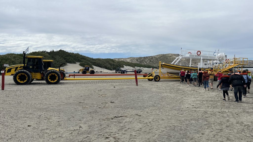 Whale watching boat on the beach at Peninsula Valdes