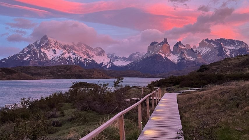 Sunrise over the Torres del Paine Massif in Chile, seen from Explora Patagonia, a luxury lodge